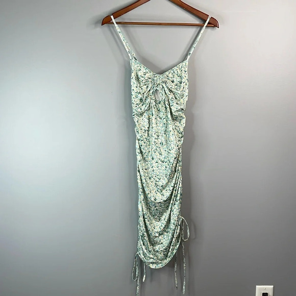 SHEIN Ditsy Floral Ruched Dress Light Teal Cutout Drawstrings Tied Spaghetti S - Picture 15 of 15